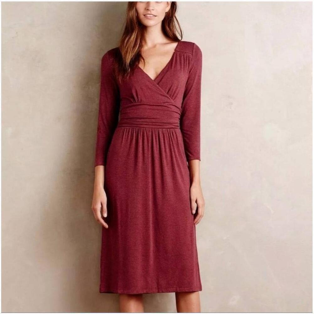 Anthropologie Maeve  Galena Burgundy Midi VNeck Jersey Wrap Dress L - Picture 1 of 11